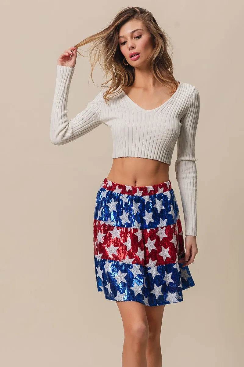 BiBi American Flag Theme Star Sequin Tiered Skirt - Shop Style & More | Fresh Looks, Everyday Deals & Free Shipping