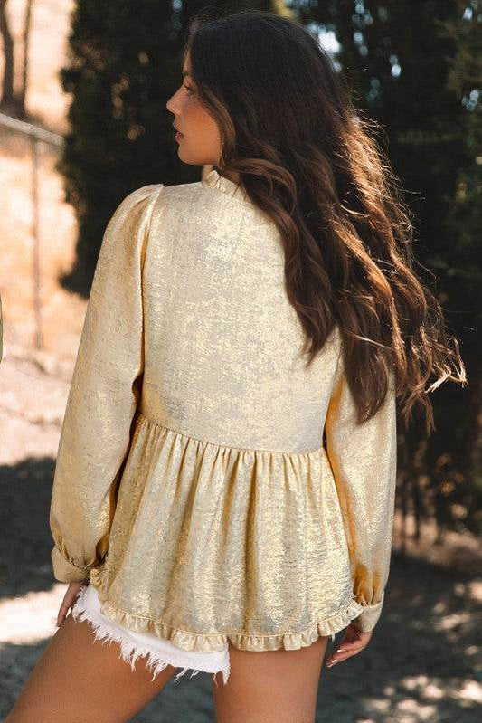 Metallic Frilled V Neck Puff Sleeve Babydoll Blous - Shop Style & More | Fresh Looks, Everyday Deals & Free Shipping