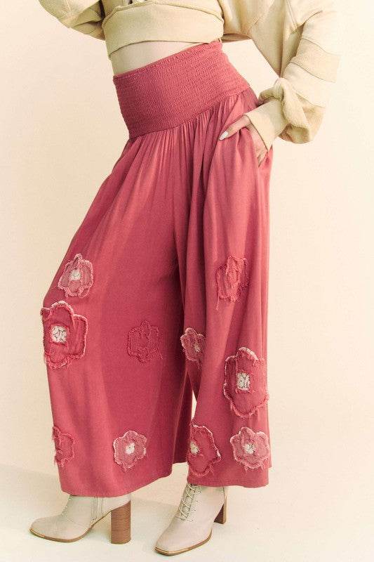 Davi & Dani Smocked Waist Flower Patch Wide Leg Pants - Shop Style & More | Fresh Looks, Everyday Deals & Free Shipping