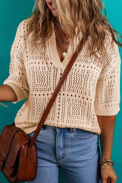 Loretta Turn-down Collar Hollowed Knit Short Sleev - Shop Style & More | Fresh Looks, Everyday Deals & Free Shipping