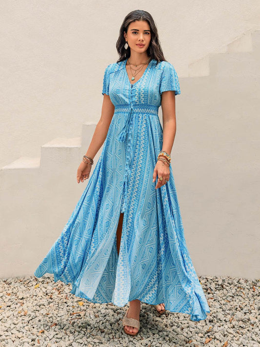 Printed Button Down Short Sleeve Maxi Dress - Shop Style & More | Fresh Looks, Everyday Deals & Free Shipping