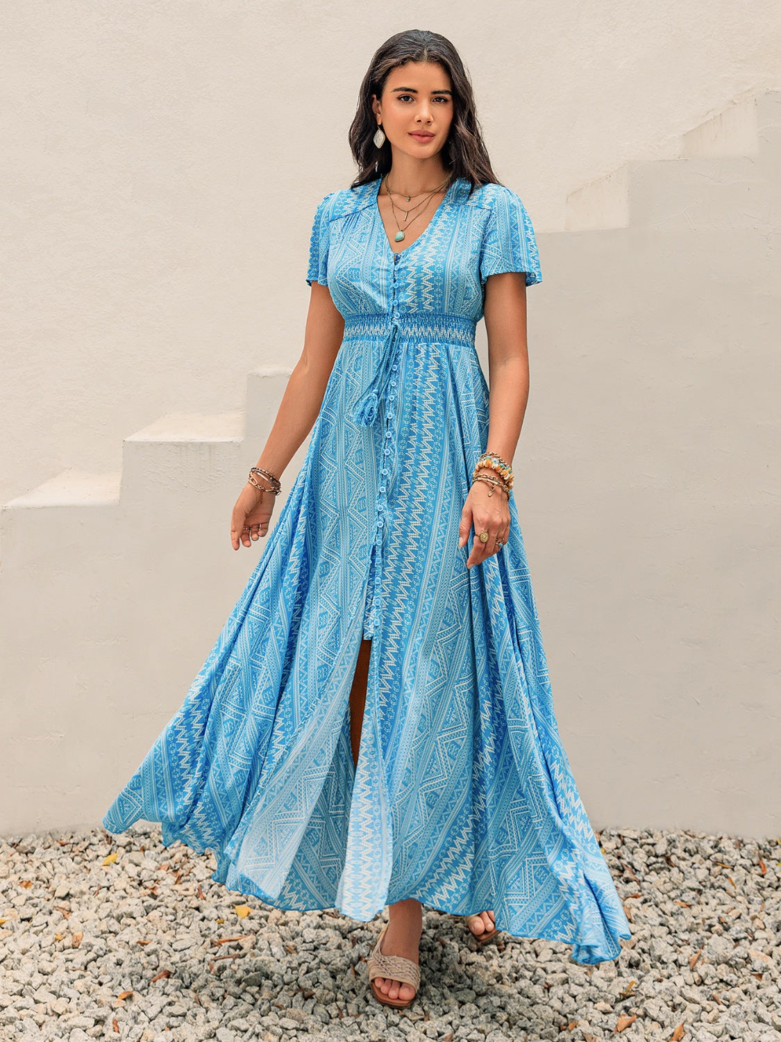 Printed Button Down Short Sleeve Maxi Dress Sky Blue Casual Dresses