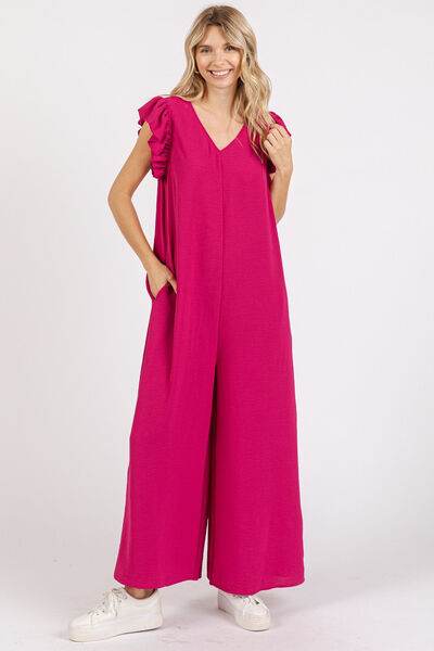 Mittoshop V-Neck Ruffled Cap Sleeve Jumpsuit - Wide Leg Design - Shop Style & More | Fresh Looks, Everyday Deals & Free Shipping