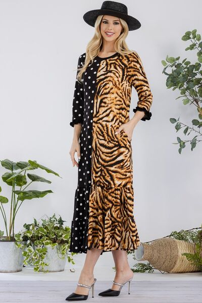 Celeste Full Size Polka Dot & Leopard Round Neck Midi Dress Plus Size Casual Dresses