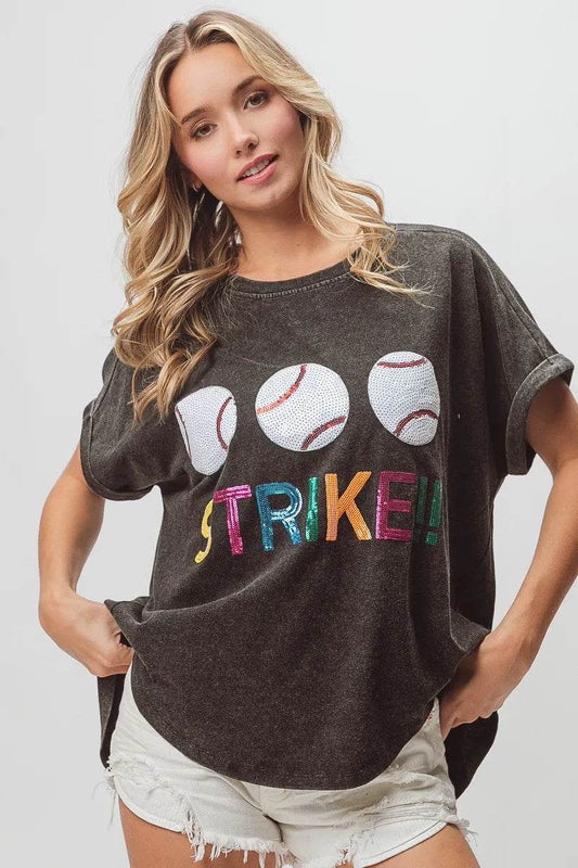 BiBi Sequin Baseballs Strike Washed Short Sleeve Top - Shop Style & More | Fresh Looks, Everyday Deals & Free Shipping