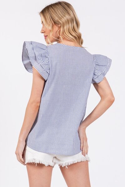 Ces Femme Striped V-Neck Ruffled Cap Sleeve Blouse Blouses