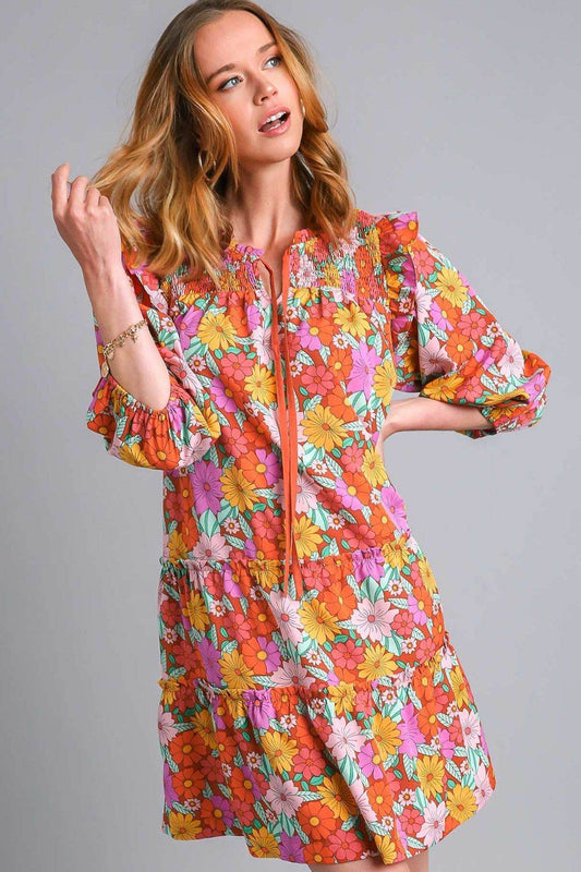 Umgee Full Size Ruffled Flower Print Tie Neck Tiered Dress Plus Size - Shop Style & More | Fresh Looks, Everyday Deals & Free Shipping