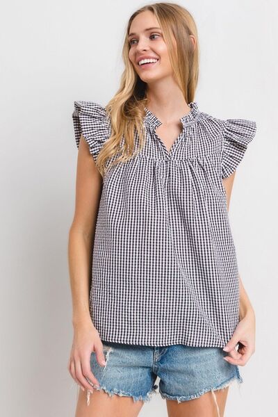 Ces Femme Plaid Notched Ruffled Cap Sleeve Blouse Black Blouses