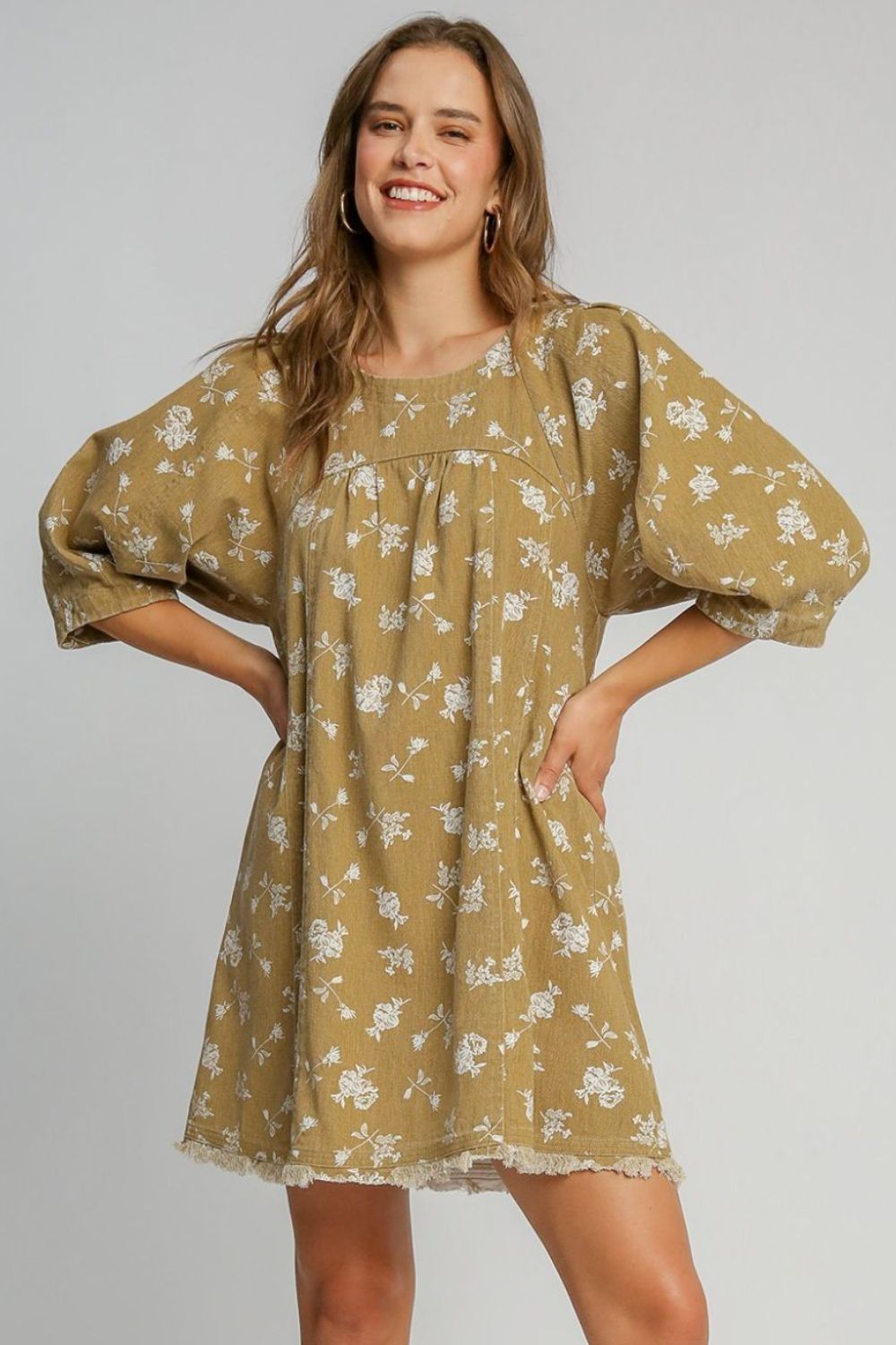 Umgee Raw Hem Floral Print Round Neck Denim Dress Casual Dresses