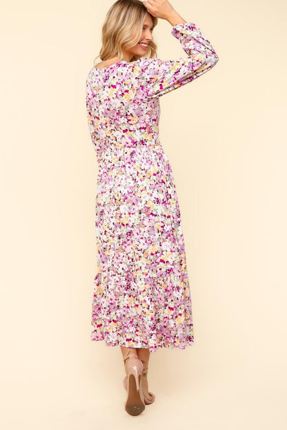 Haptics Full Size Floral V-Neck Long Sleeve Dress with Side Pockets Casual Dresses