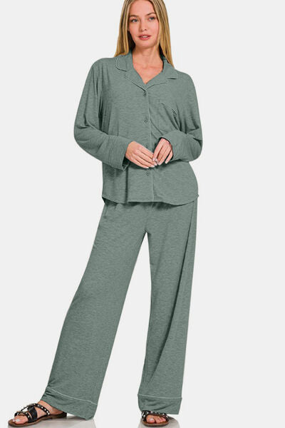 Zenana Button Down Long Sleeve Top and Pants Lounge Set Lounge Set