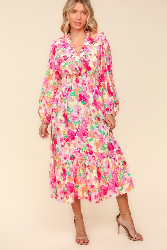 Haptics Full Size Floral Surplice Balloon Sleeve Dress with Side Pockets Casual Dresses