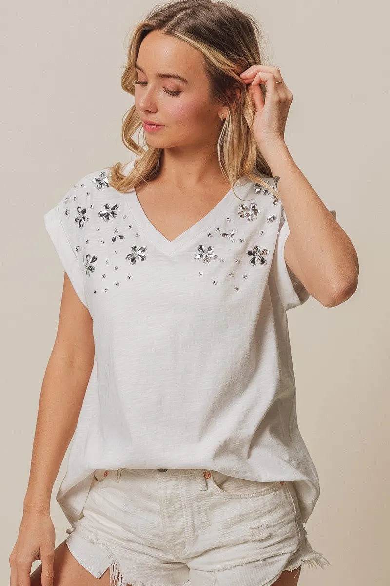 BiBi Slub Jersey Rhinestone V Neck Top - Shop Style & More | Fresh Looks, Everyday Deals & Free Shipping