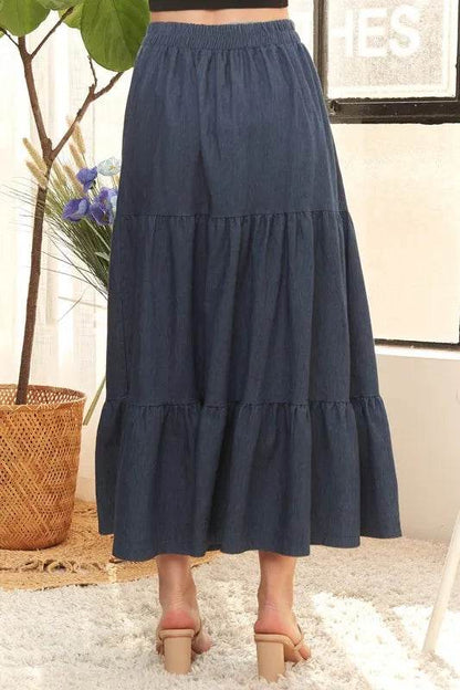 ADORA Waist Band Tiered Denim Maxi Skirt - Shop Style & More | Fresh Looks, Everyday Deals & Free Shipping