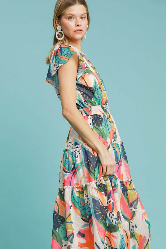 Umgee Full Size Leaf Print Cap Sleeve Tiered Midi Dress Plus Size - Shop Style & More | Fresh Looks, Everyday Deals & Free Shipping