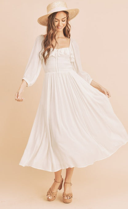 Aemi + Co Ruffled Smocked Square Neck Balloon Sleeve Dress White Casual Dresses