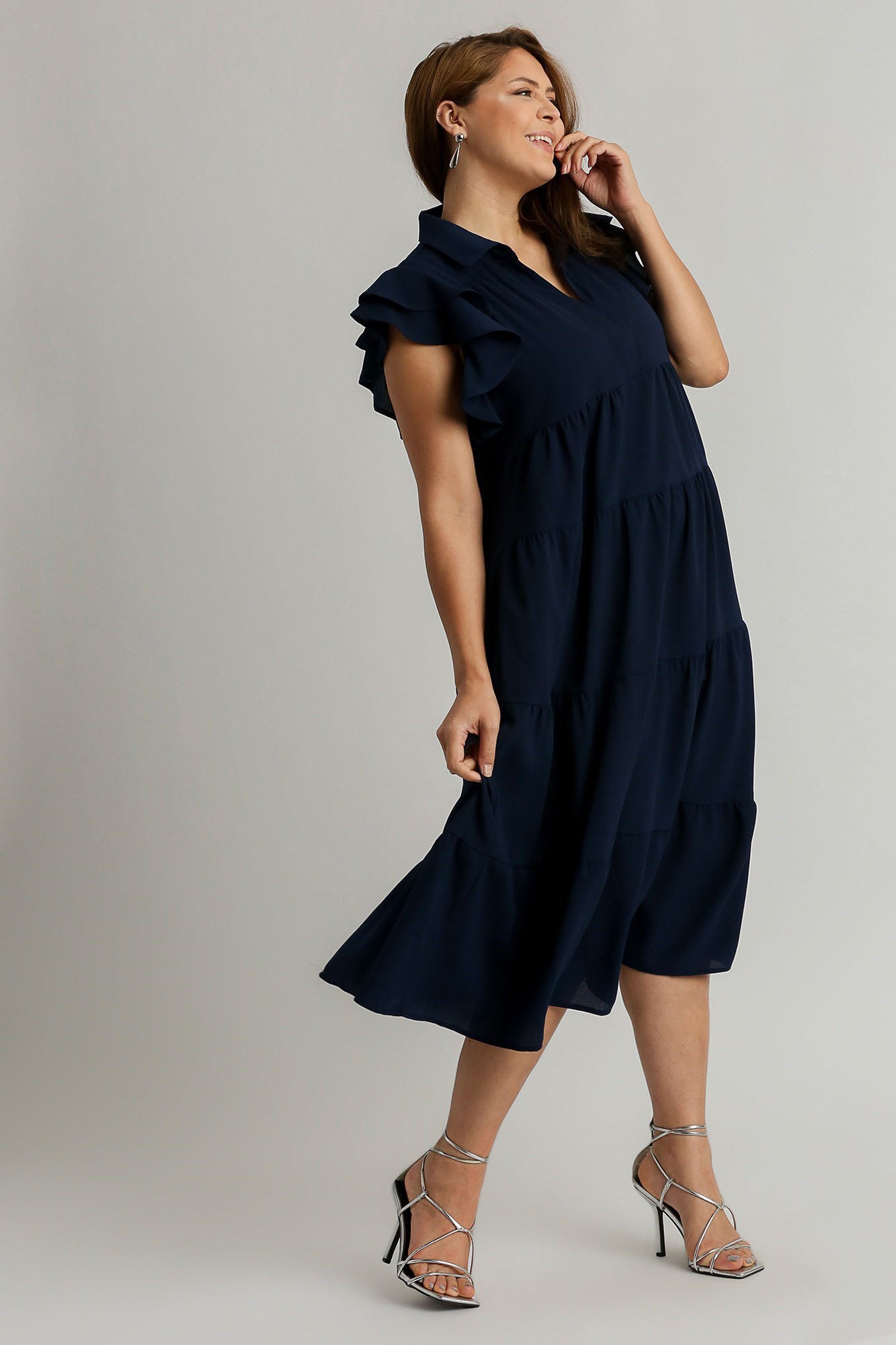 Umgee Full Size Johnny Collar Ruffle Cap Sleeve Tiered Dress Plus Size Casual Dresses