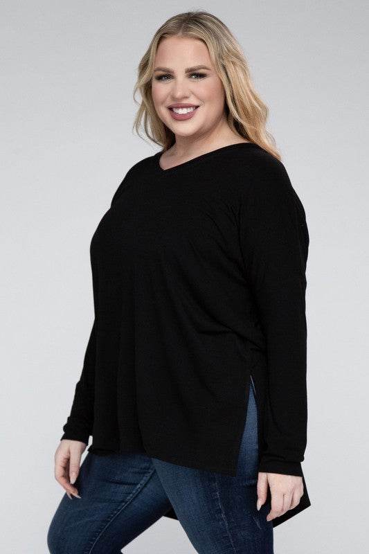 Plus Dolman Sleeve V-Neck Side Slit Hi-Low Hem Top - Shop Style & More | Fresh Looks, Everyday Deals & Free Shipping