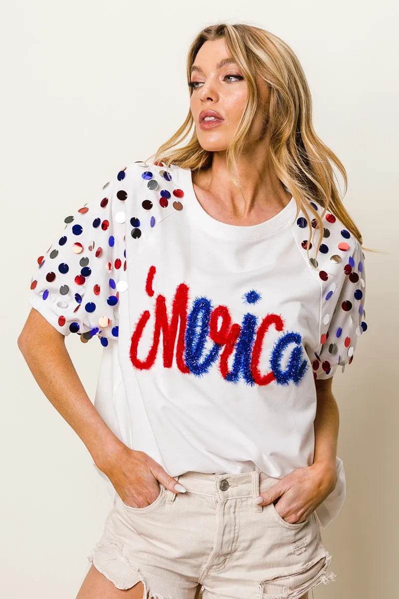 BiBi Metallic Letter Spangle Raglan Puff Sleeve Top - Shop Style & More | Fresh Looks, Everyday Deals & Free Shipping