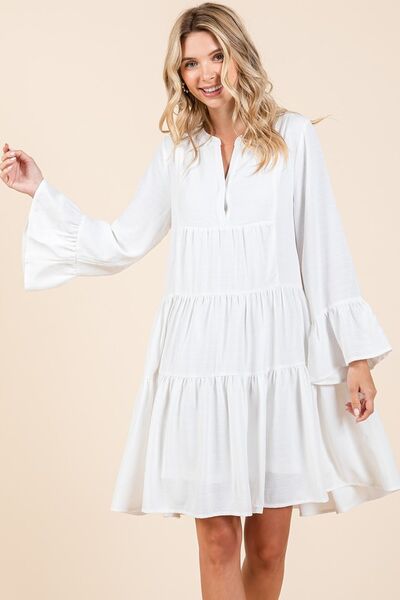 Mittoshop Tiered Notched Flare Sleeve Dress Casual Dresses