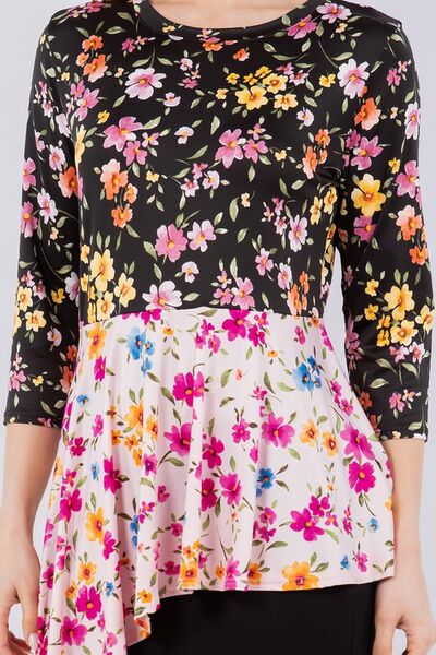 Celeste Full Size Floral Asymmetrical Hemline Round Neck Top Plus Size Blouses