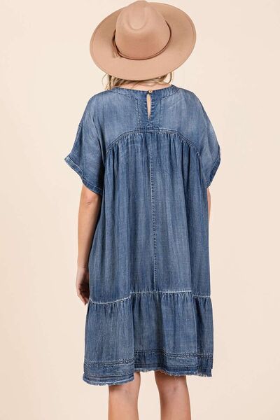 Mittoshop Washed Chambray Denim Oversized Tier Mini Dress Casual Dresses