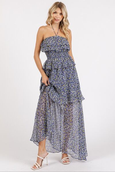 Mittoshop Ruffled Smocked Floral Halter Neck Maxi Dress Casual Dresses