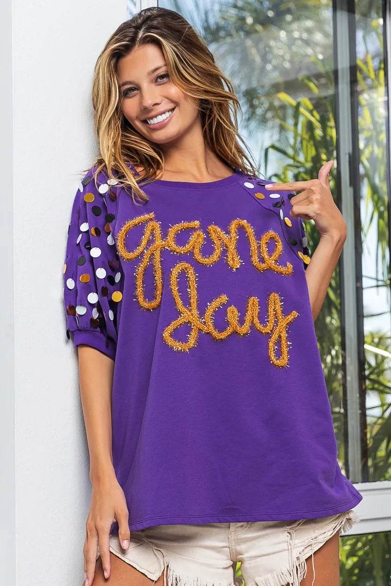 BiBi Game Day Metallic Letter Spangle Sleeve Top - Shop Style & More | Fresh Looks, Everyday Deals & Free Shipping