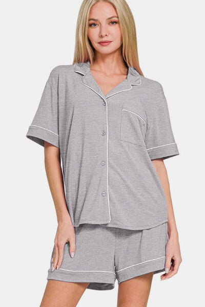 Zenana Button Down Short Sleeve Top and Shorts Lounge Set Light Gray Lounge Set