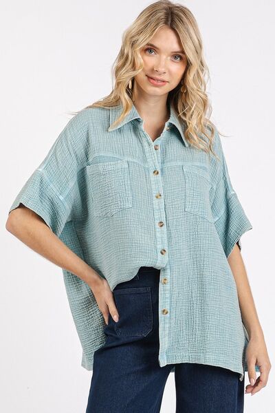 Mittoshop Mineral Wash Gauze Oversized Short Sleeve Shirt Seafoam Blouses