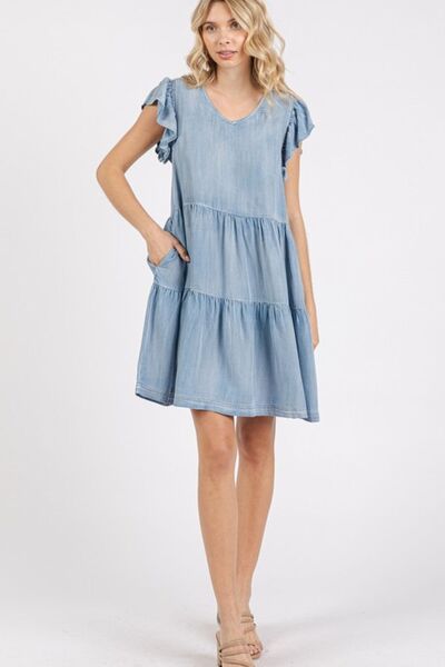 Mittoshop V-Neck Ruffled Cap Sleeve Mini Dress Casual Dresses