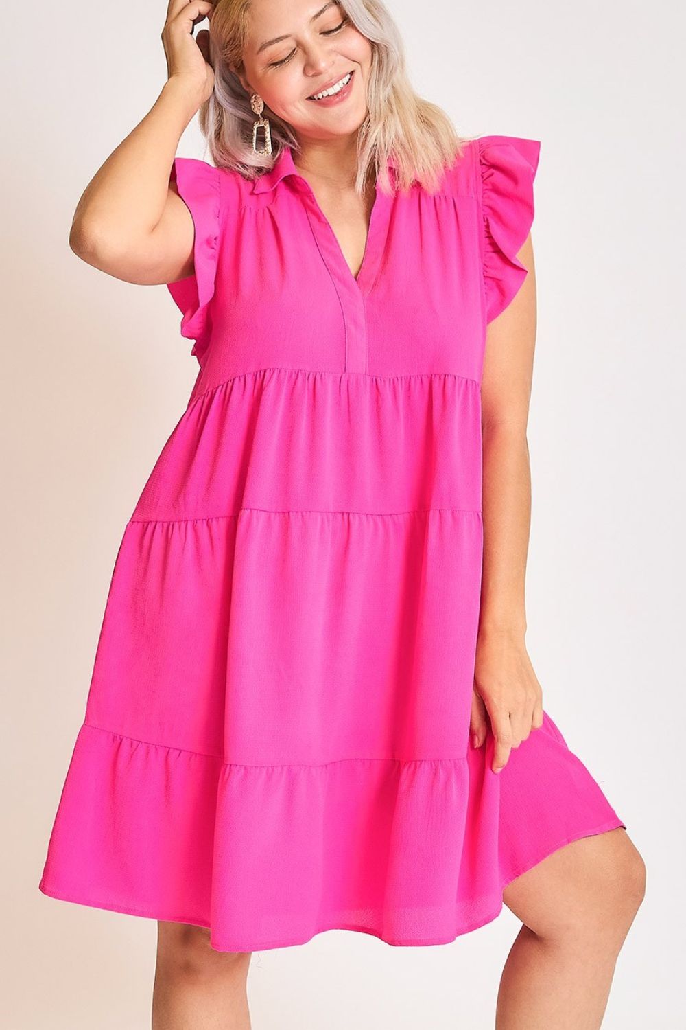 Umgee Full Size Johnny Collar Ruffle Cap Sleeve Tiered Dress Plus Size Casual Dresses