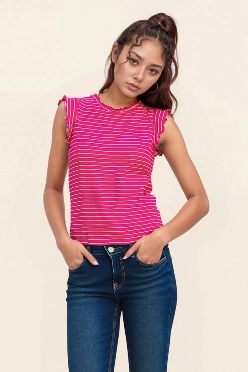 Zenana Ribbed Ruffle Trim Sleeveless Stripe Top - Shop Style & More | Fresh Looks, Everyday Deals & Free Shipping
