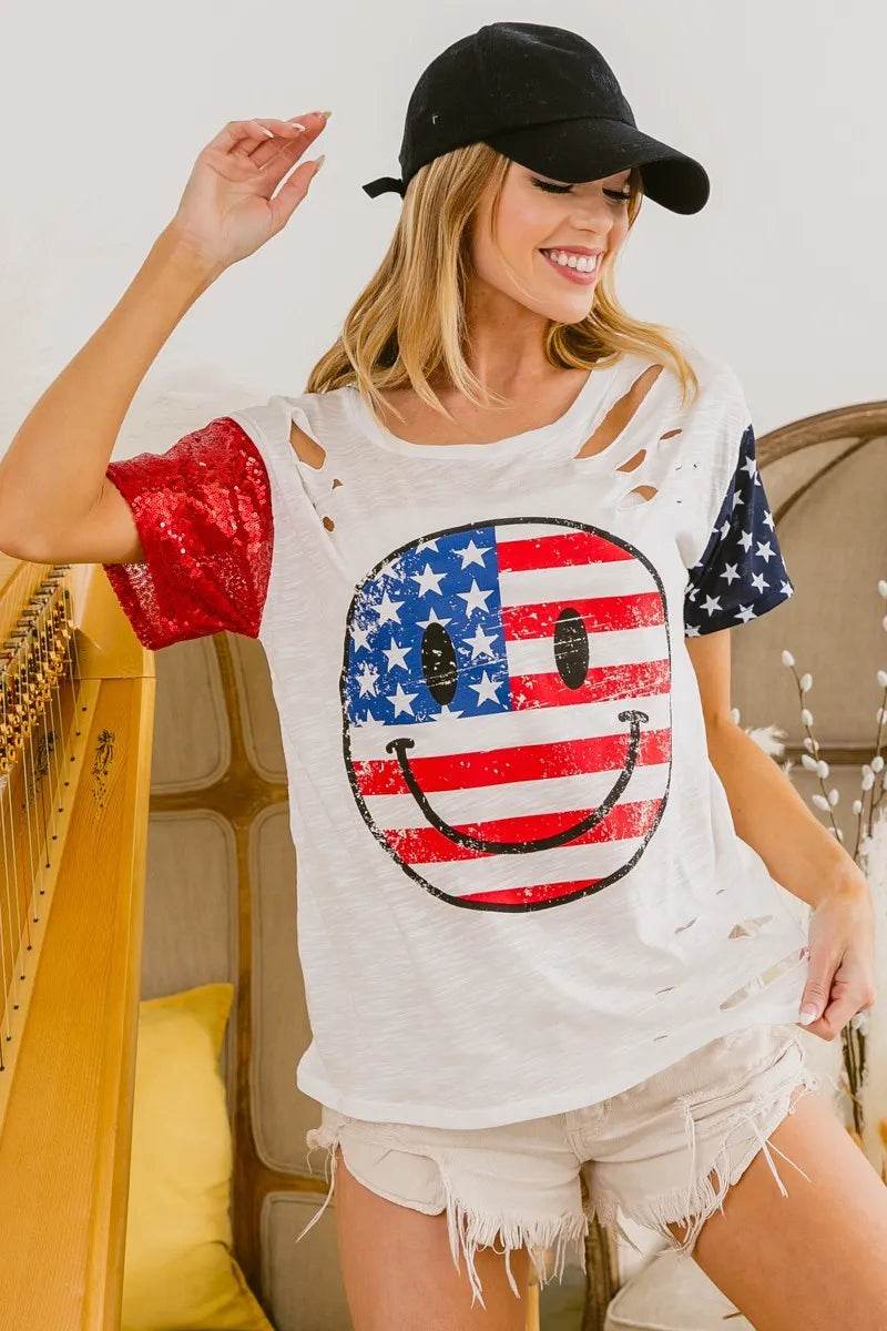 BiBi Fourth Of July Top With Laser Cut And Smile Face - Shop Style & More | Fresh Looks, Everyday Deals & Free Shipping