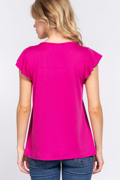 ACTIVE BASIC Ruffle Lace Knit Top with Short Sleeves and Lace Detail Blouses