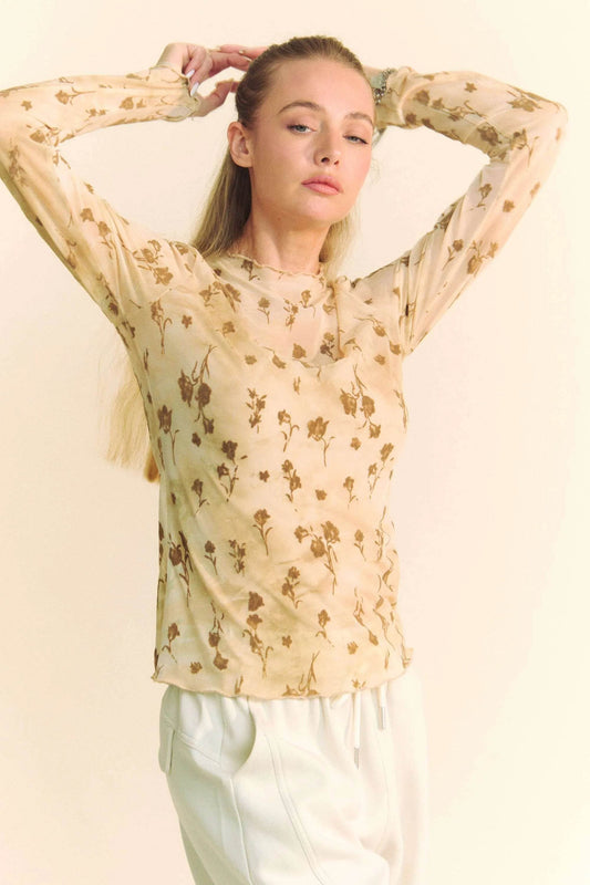 Davi & Dani Floral Mesh Long Sleeve Sheer Layering Top - Shop Style & More | Fresh Looks, Everyday Deals & Free Shipping