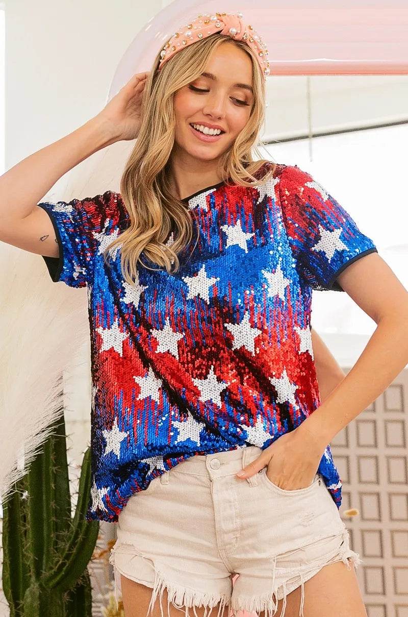 BiBi American Theme Star Pattern Sequin Top - Shop Style & More | Fresh Looks, Everyday Deals & Free Shipping