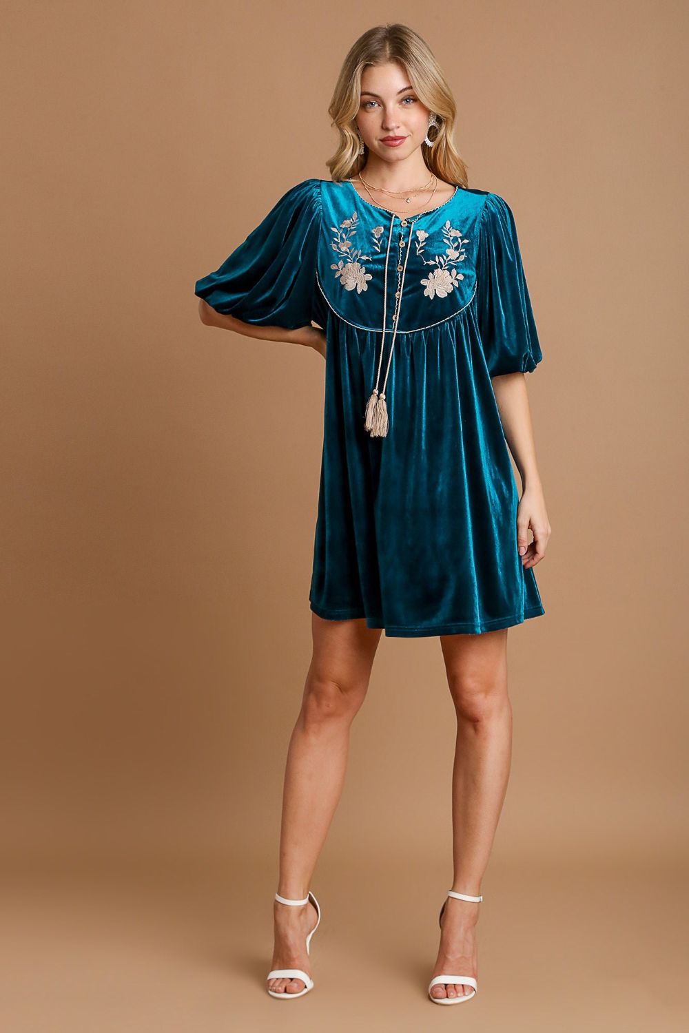 Umgee Embroidered Half Sleeve Velvet Mini Dress with Tassel Casual Dresses