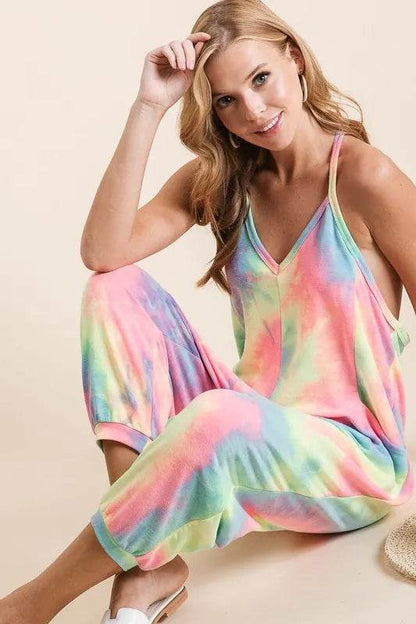 BiBi Tie Dye French Terry Mid-Length Casual Jumpsuit - Shop Style & More | Fresh Looks, Everyday Deals & Free Shipping