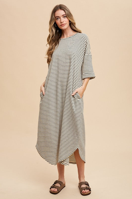 Annie Wear Striped Round Neck Terry Midi Dress Black Casual Dresses