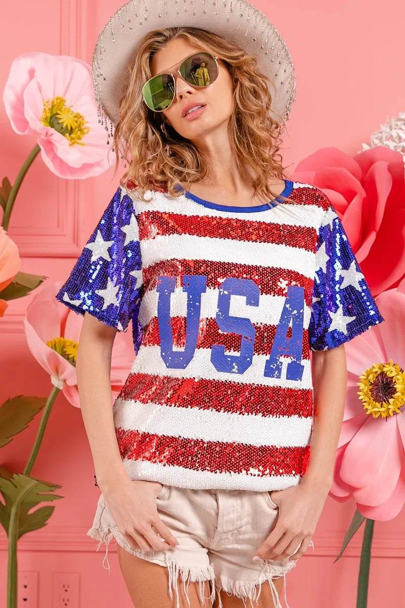 BiBi American Flag Theme USA Lettering Sequin Top - Shop Style & More | Fresh Looks, Everyday Deals & Free Shipping
