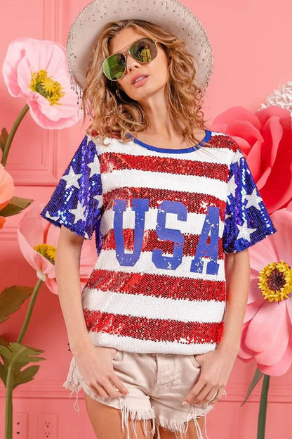 BiBi American Flag Theme USA Lettering Sequin Top - Shop Style & More | Fresh Looks, Everyday Deals & Free Shipping