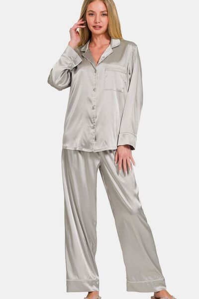 Zenana Satin Long Sleeve Shirt and Pants Pajama Set Lounge Set