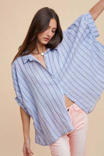 Annie Wear Striped Button Up Half Sleeve Shirt Lt Blue Blouses