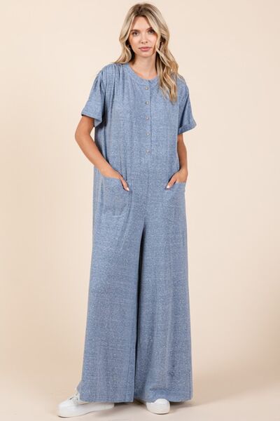 Mittoshop Button Detail Wide Leg Jumpsuit for Women Dusty Blue Jumpsuits
