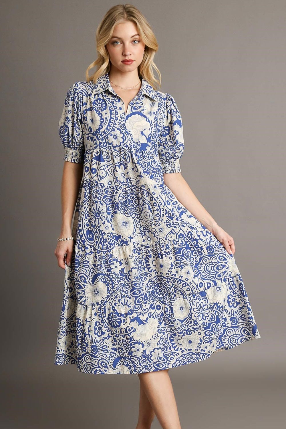 Umgee Full Size Printed Smocked Cuff Puff Sleeve Midi Dress Plus Size Royal Blue Casual Dresses