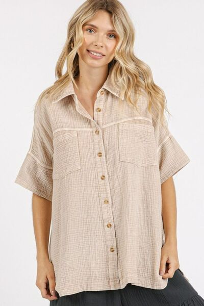 Mittoshop Mineral Wash Gauze Oversized Short Sleeve Shirt Blouses