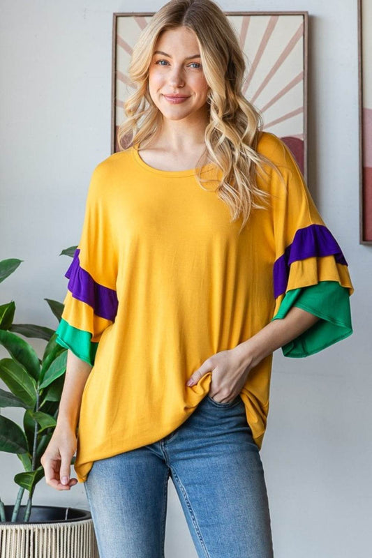 Heimish Full Size Round Neck Color Block Ruffled Half Sleeve Top Plus Size - Shop Style & More | Fresh Looks, Everyday Deals & Free Shipping