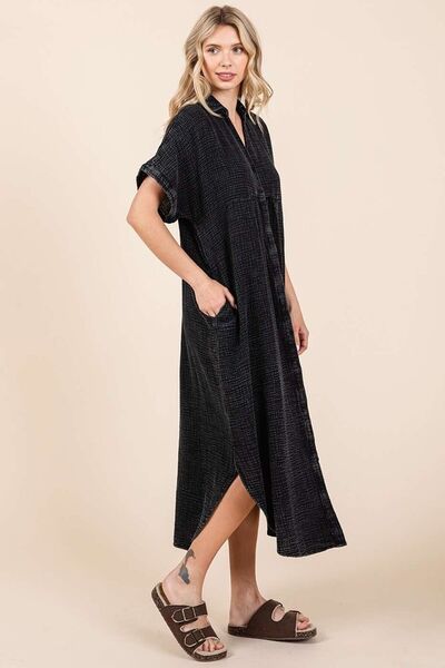 Mittoshop Mineral Wash V Neck Button Up Midi Shirt Dress Casual Dresses