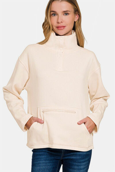 Zenana Turtleneck Half Snap Fleece Sweatshirt Cream Hoodies & Sweaters